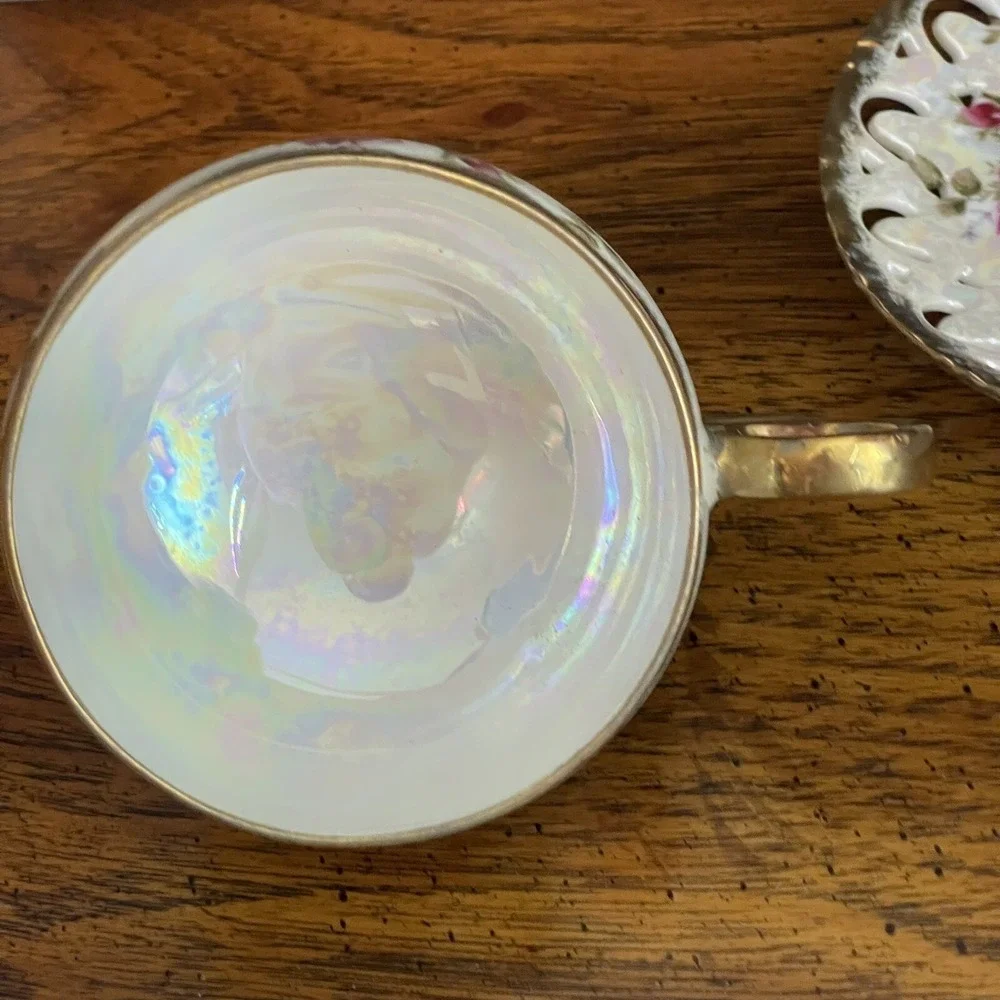 Vintage Royal Sealy China Three Ring Footed Cup &‎ Saucer Iridescent Gold Roses